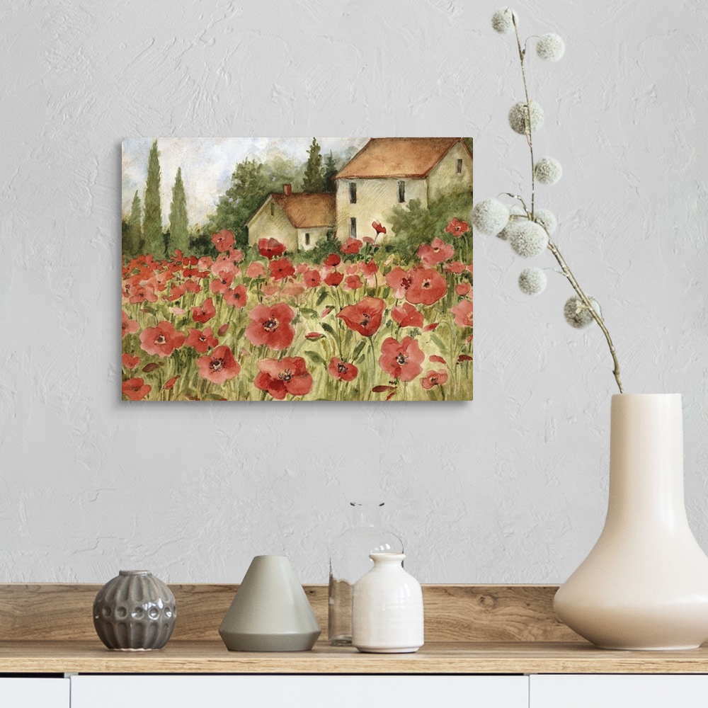 A farmhouse room featuring Beautiful Tuscan fields filled with Poppies,