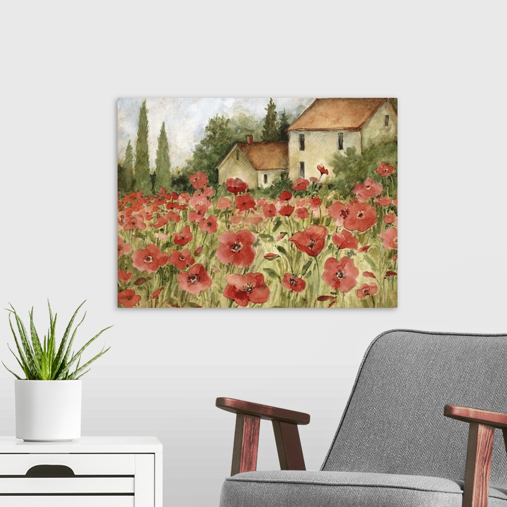 A modern room featuring Beautiful Tuscan fields filled with Poppies,