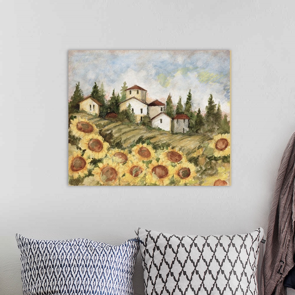 A bohemian room featuring Beautiful Tuscan fields filled with Sunflowers