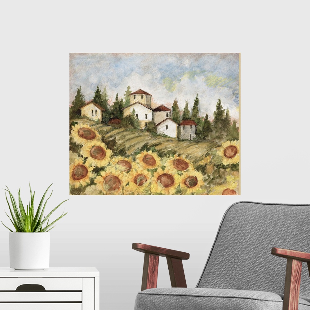 A modern room featuring Beautiful Tuscan fields filled with Sunflowers