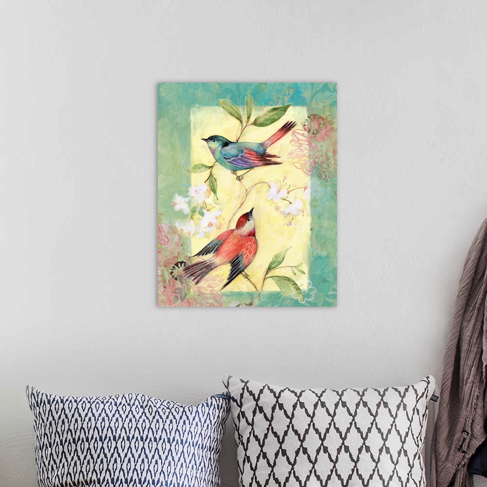 A bohemian room featuring Simple and beautiful bird art for any home decor.