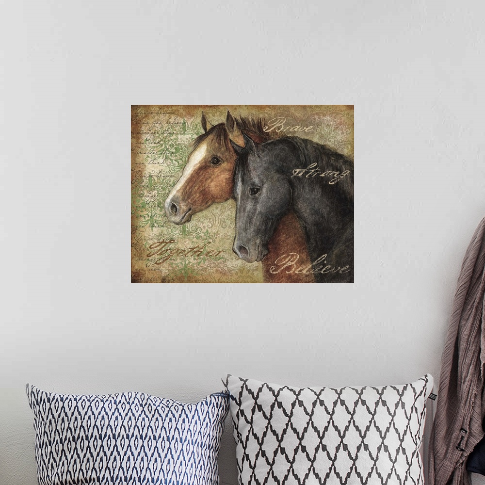 A bohemian room featuring Striking horse painting captures the grace and beauty of this majestic animal.