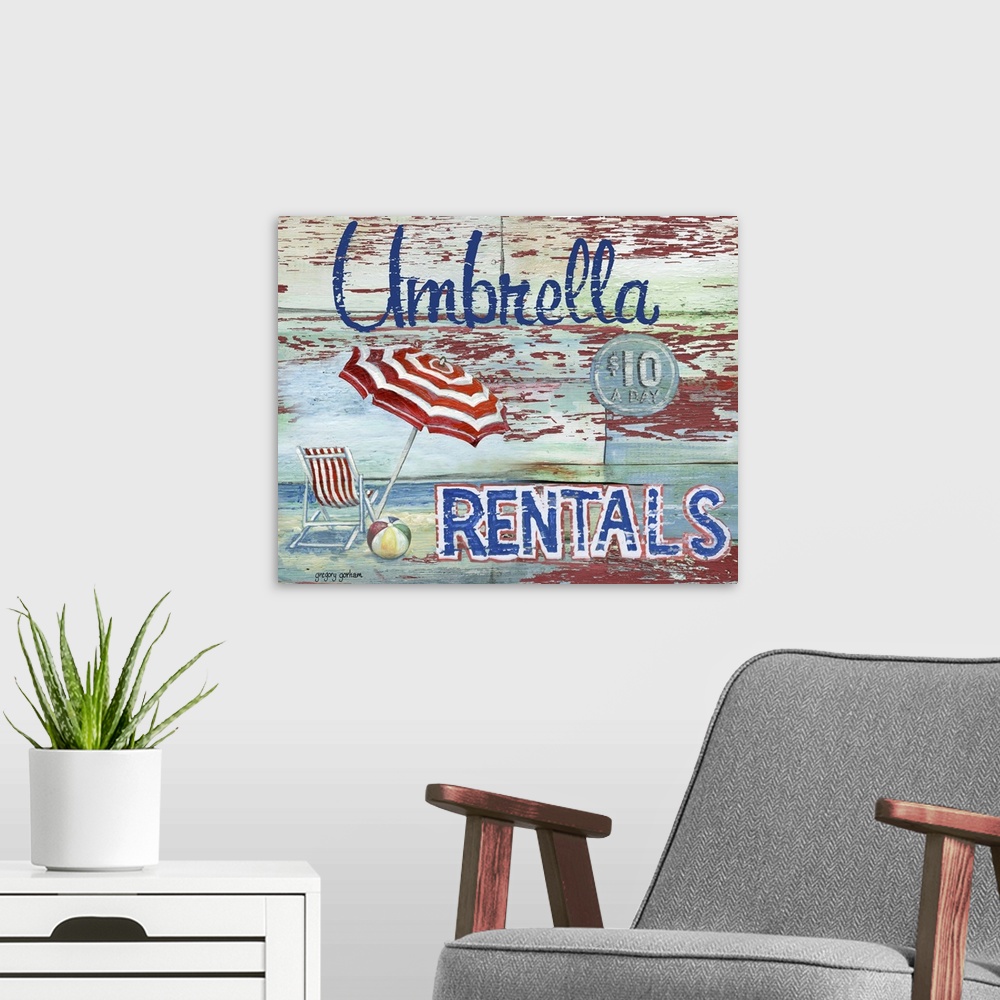 A modern room featuring Vintage beach sign brings the ocean in to your den, study, bar or rec room.