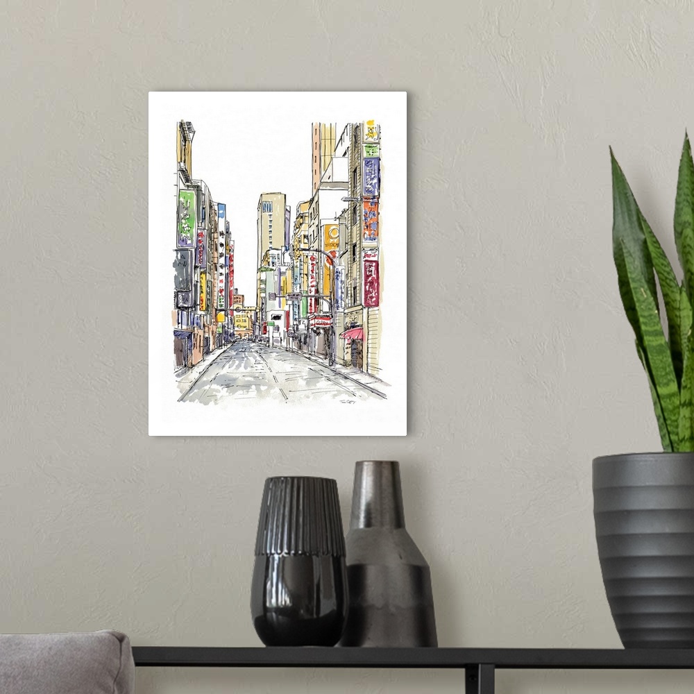 A modern room featuring A lovely pen and ink depiction of an urban streete scene.