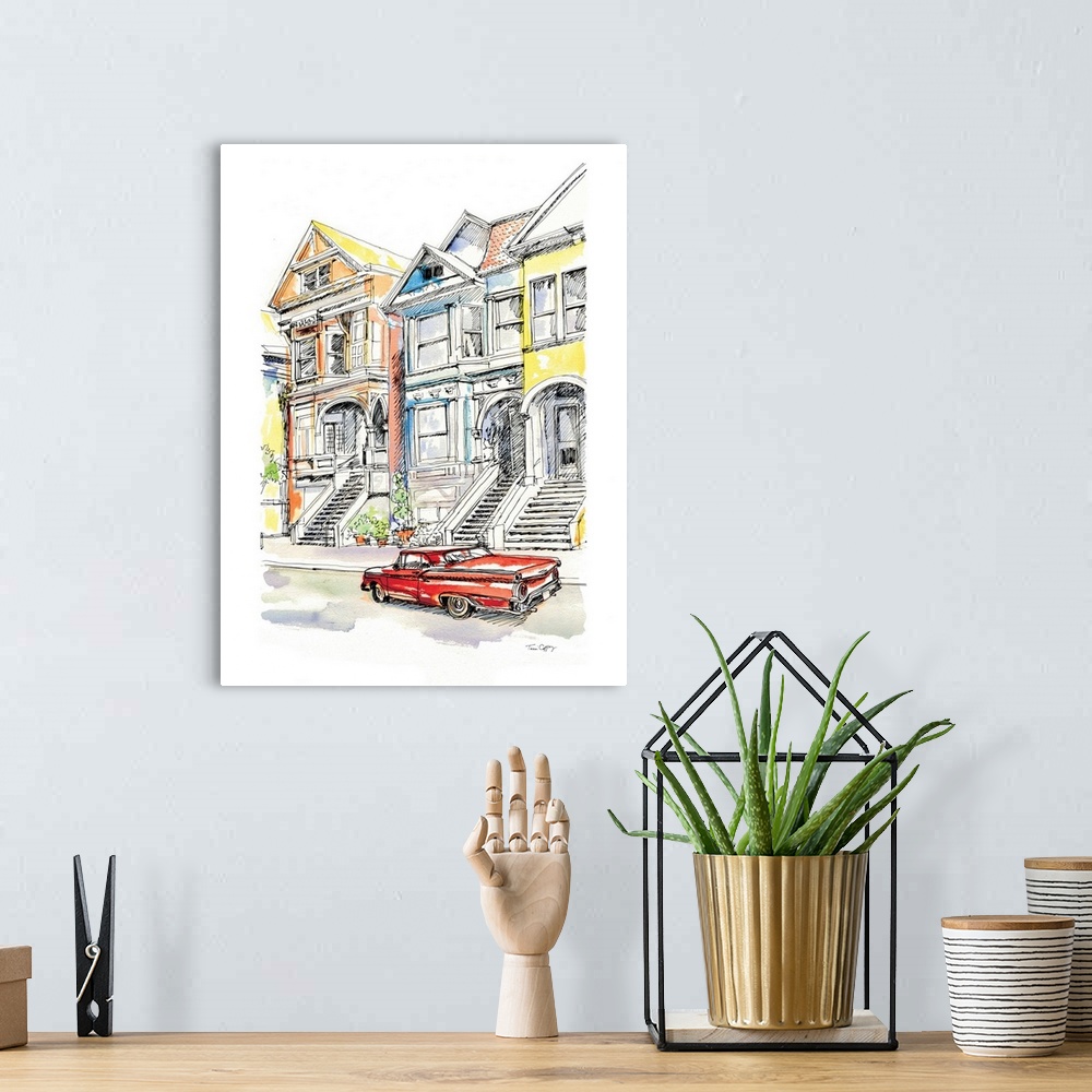 A bohemian room featuring A lovely pen and ink depiction of an urban retro street scene.