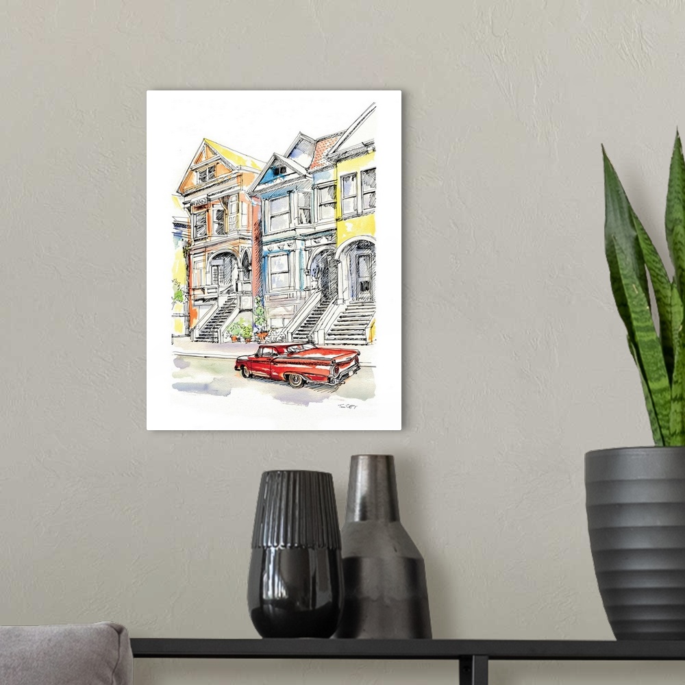 A modern room featuring A lovely pen and ink depiction of an urban retro street scene.