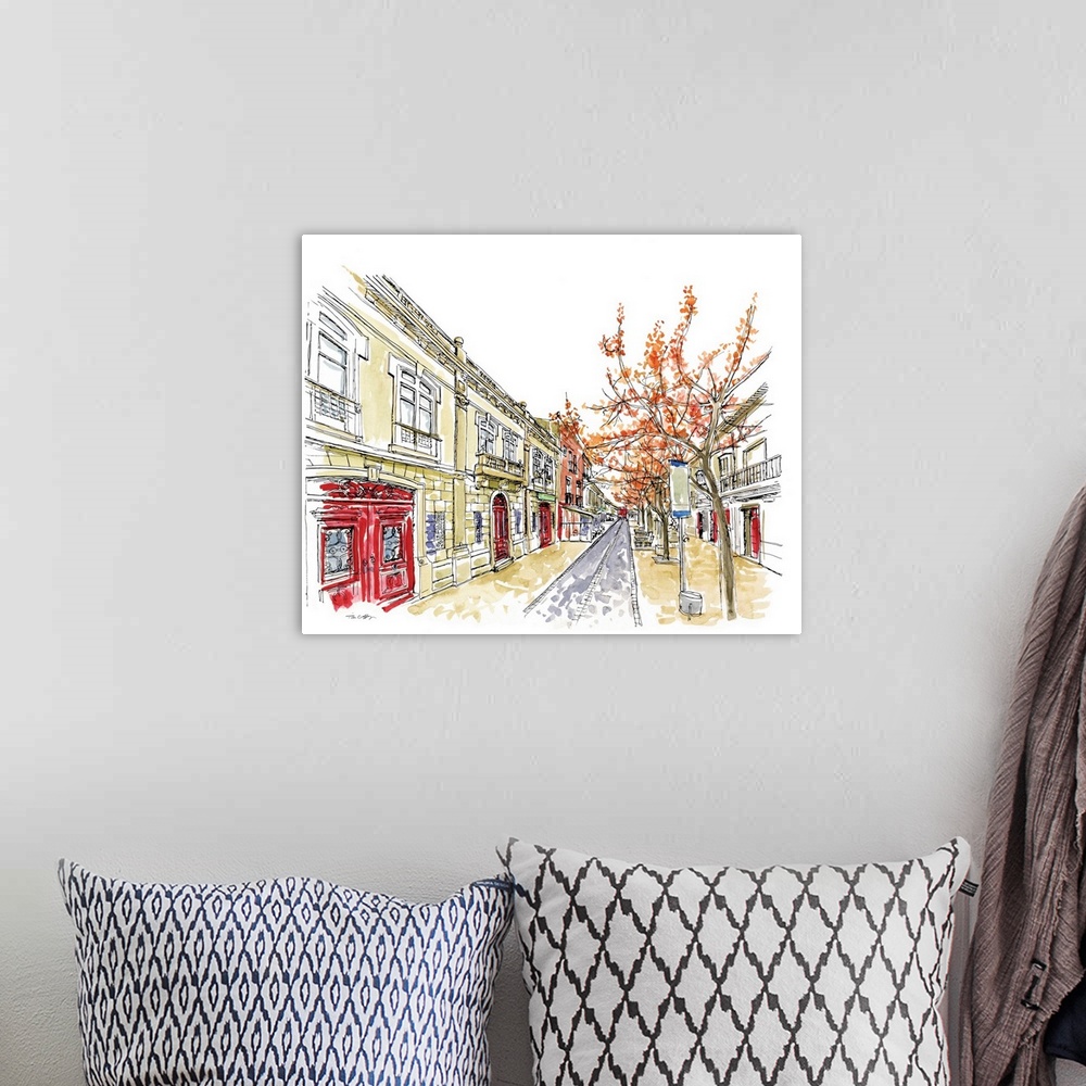 A bohemian room featuring A lovely pen and ink depiction of a European city street