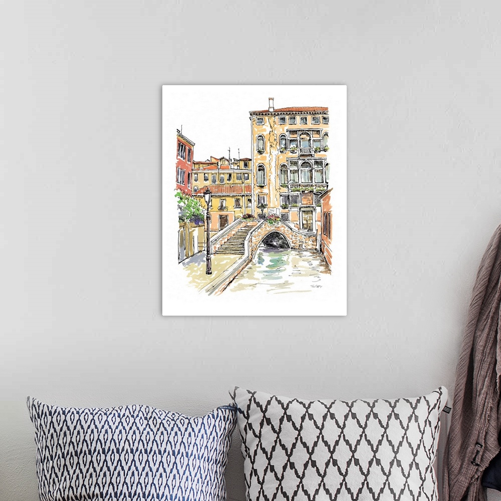 A bohemian room featuring A lovely pen and ink depiction of a Venetian bridge and canal.