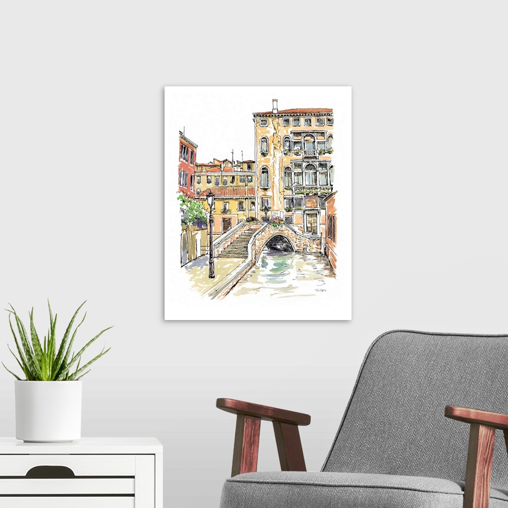A modern room featuring A lovely pen and ink depiction of a Venetian bridge and canal.