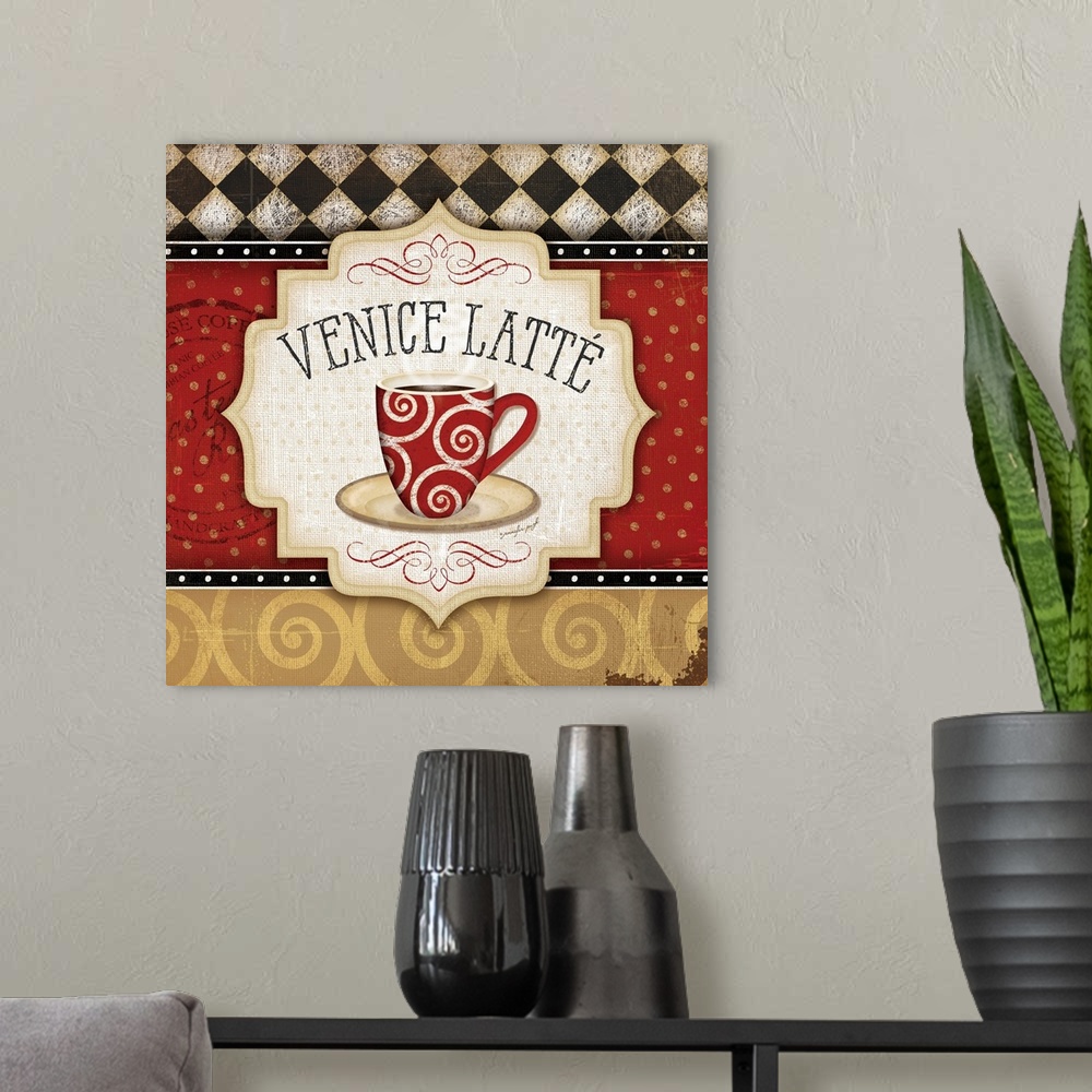 A modern room featuring Decorative cafe themed artwork using rich colors and patterns.