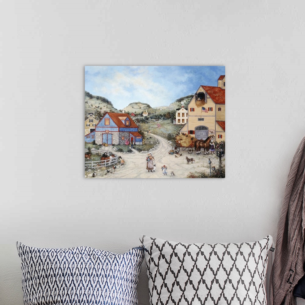 A bohemian room featuring A contemporary painting of a countryside village scene.
