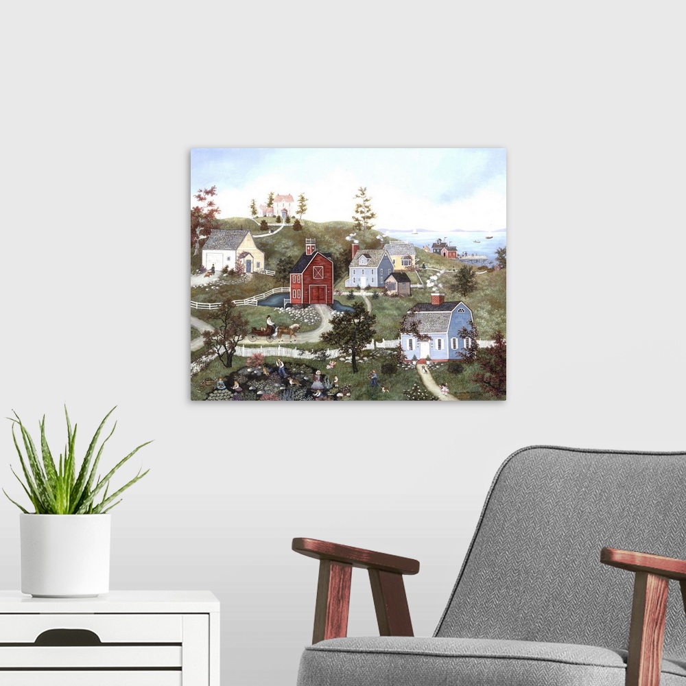 A modern room featuring A contemporary painting of a bay side village scene.
