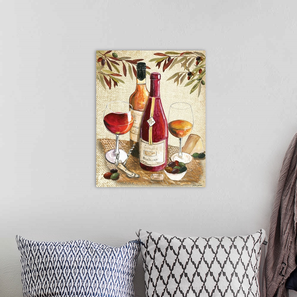 A bohemian room featuring Mediterannean flavor is capture in this wine and olive scene.