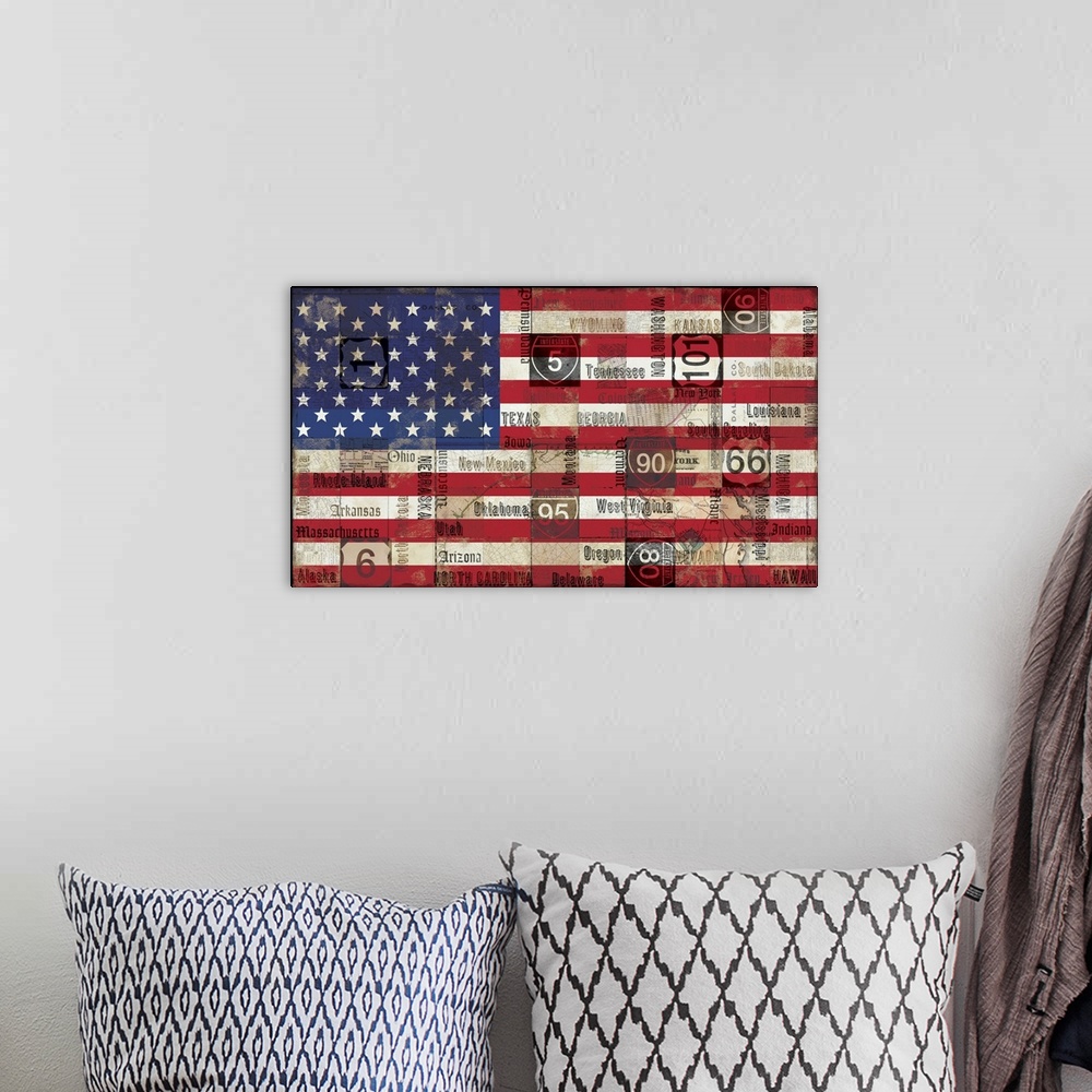 A bohemian room featuring The American flag is created with a vintage look and state names and highway signs are drawn over...