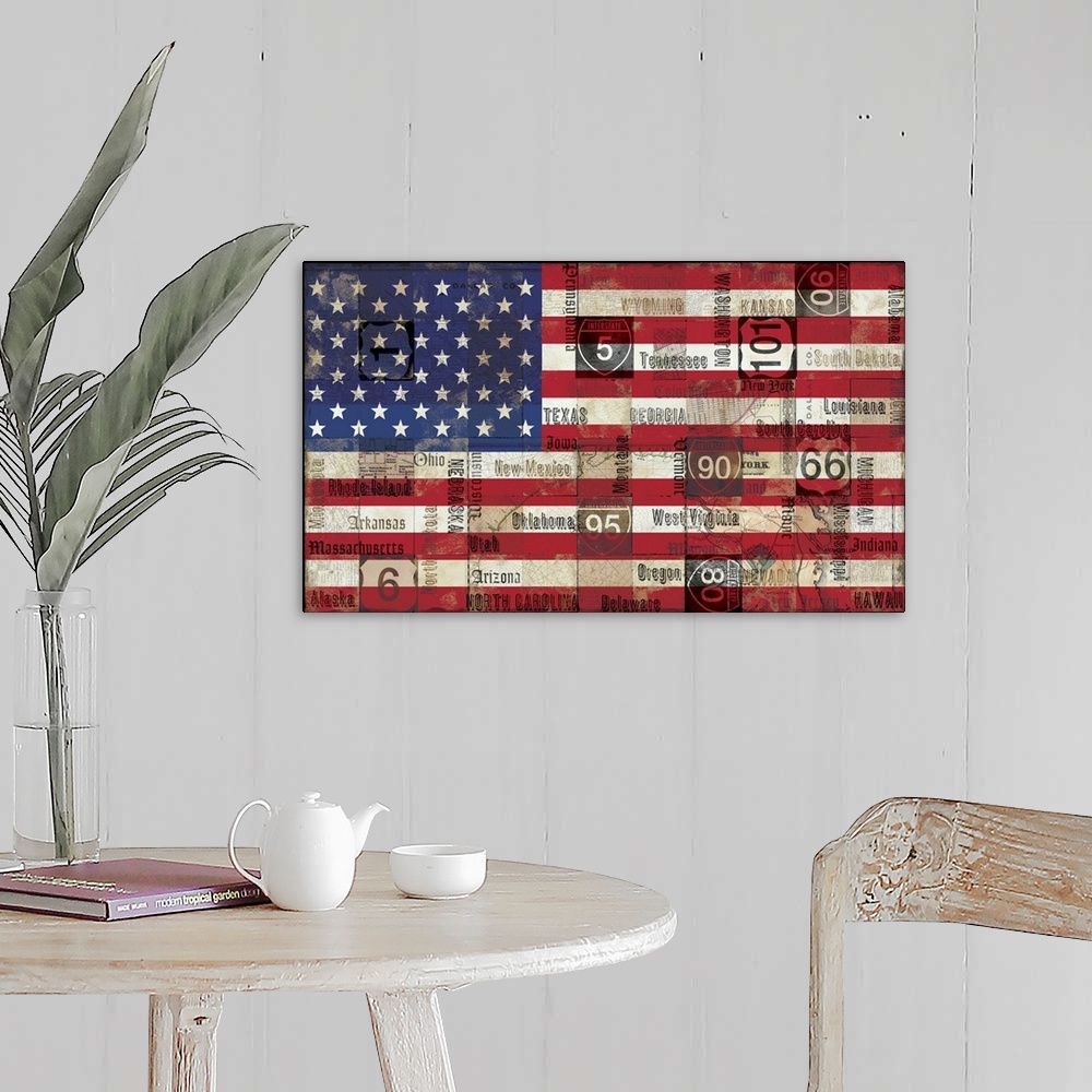 A farmhouse room featuring The American flag is created with a vintage look and state names and highway signs are drawn over...