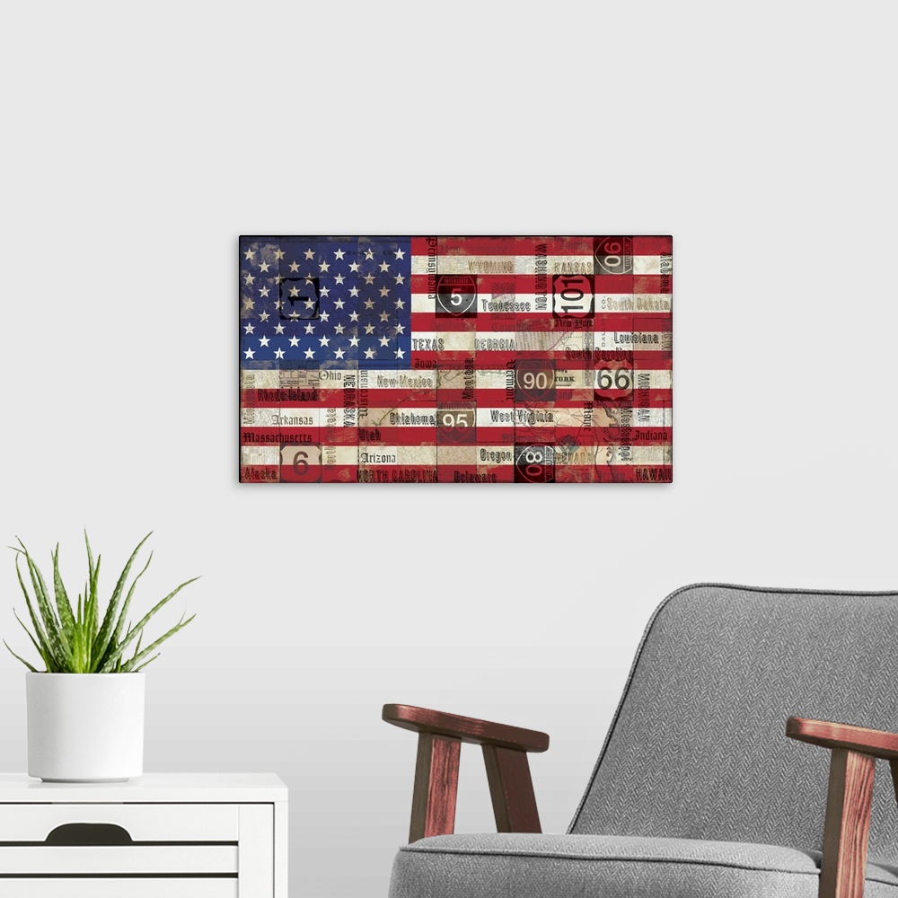 A modern room featuring The American flag is created with a vintage look and state names and highway signs are drawn over...