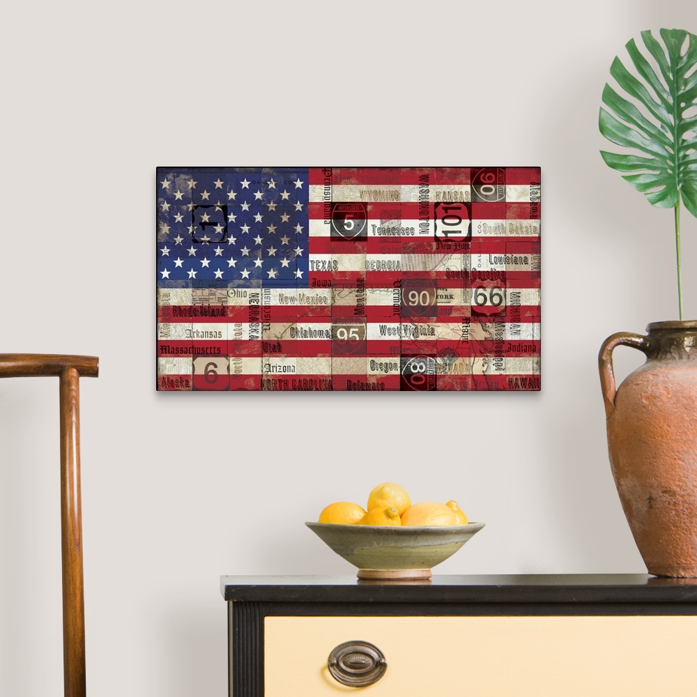 A traditional room featuring The American flag is created with a vintage look and state names and highway signs are drawn over...