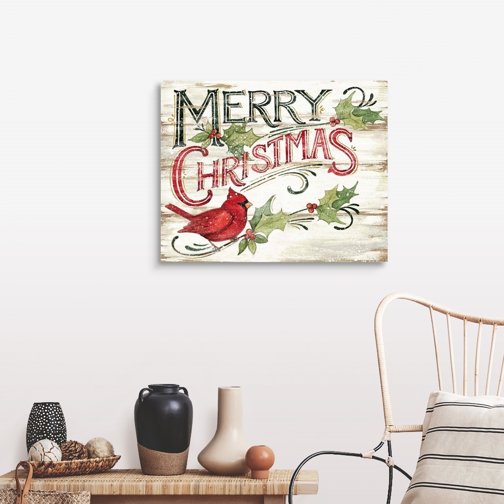 A farmhouse room featuring A vintage Merry Christmas sign captures a classic holiday look.