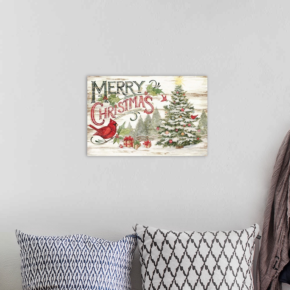 A bohemian room featuring A vintage Merry Christmas sign captures a classic holiday look.
