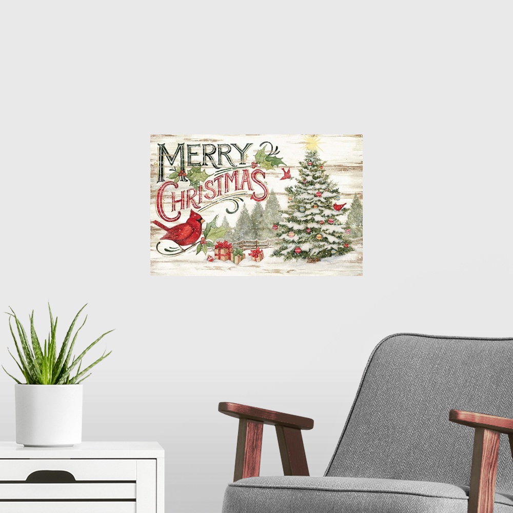 A modern room featuring A vintage Merry Christmas sign captures a classic holiday look.