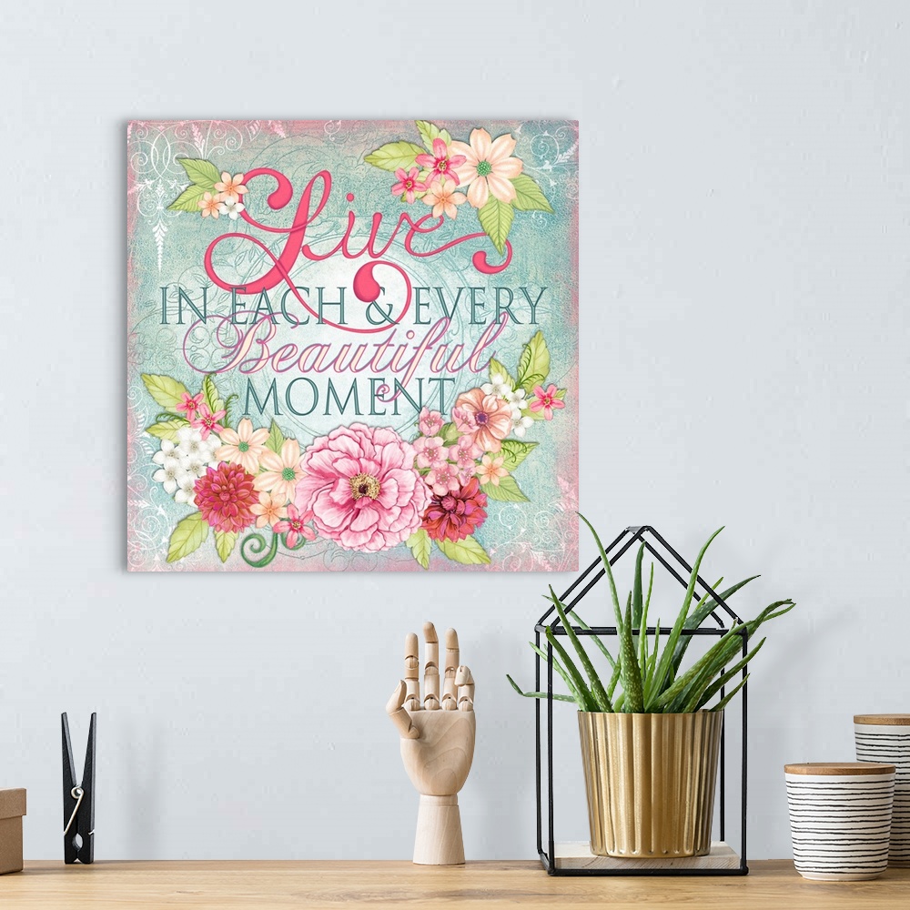 A bohemian room featuring Elegant flowers combine with inspirational message for a lovely accent