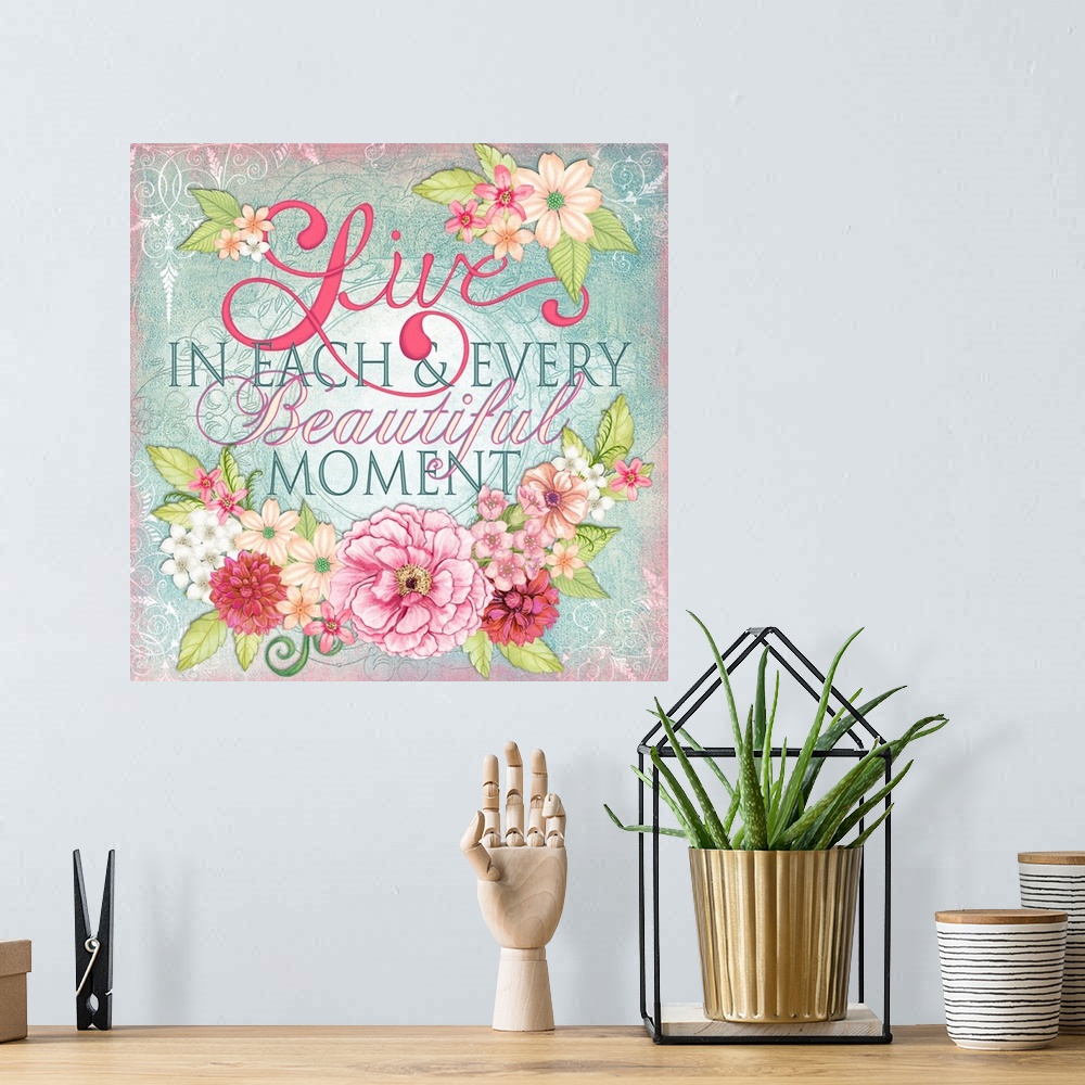 A bohemian room featuring Elegant flowers combine with inspirational message for a lovely accent