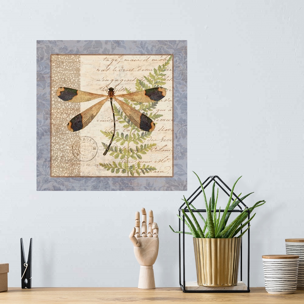 A bohemian room featuring The elegance of nature abounds with this lovely dragonfly art.