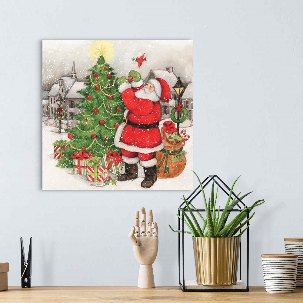 A bohemian room featuring A classic vintage depiction of Santa decorating his tree.