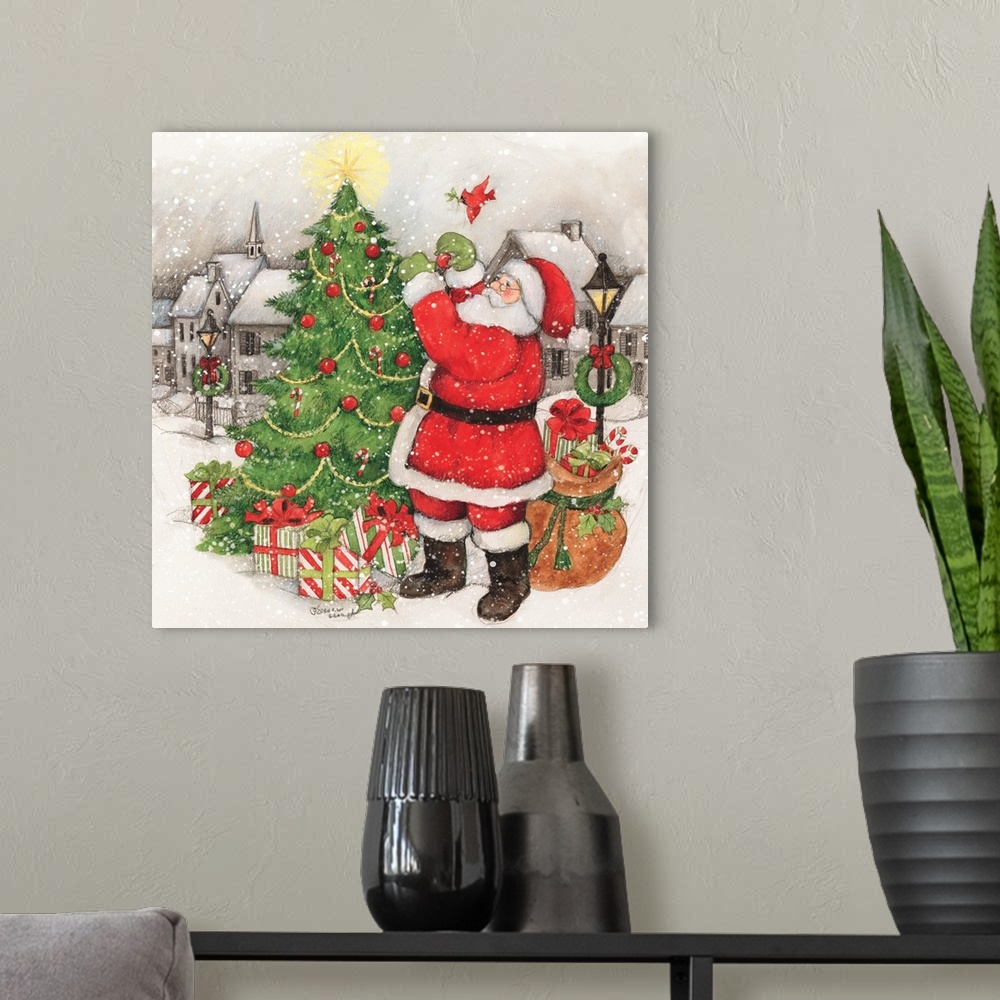 A modern room featuring A classic vintage depiction of Santa decorating his tree.