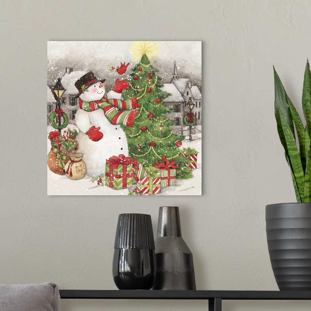 A modern room featuring A classic vintage depiction of Snowman decorating his tree.