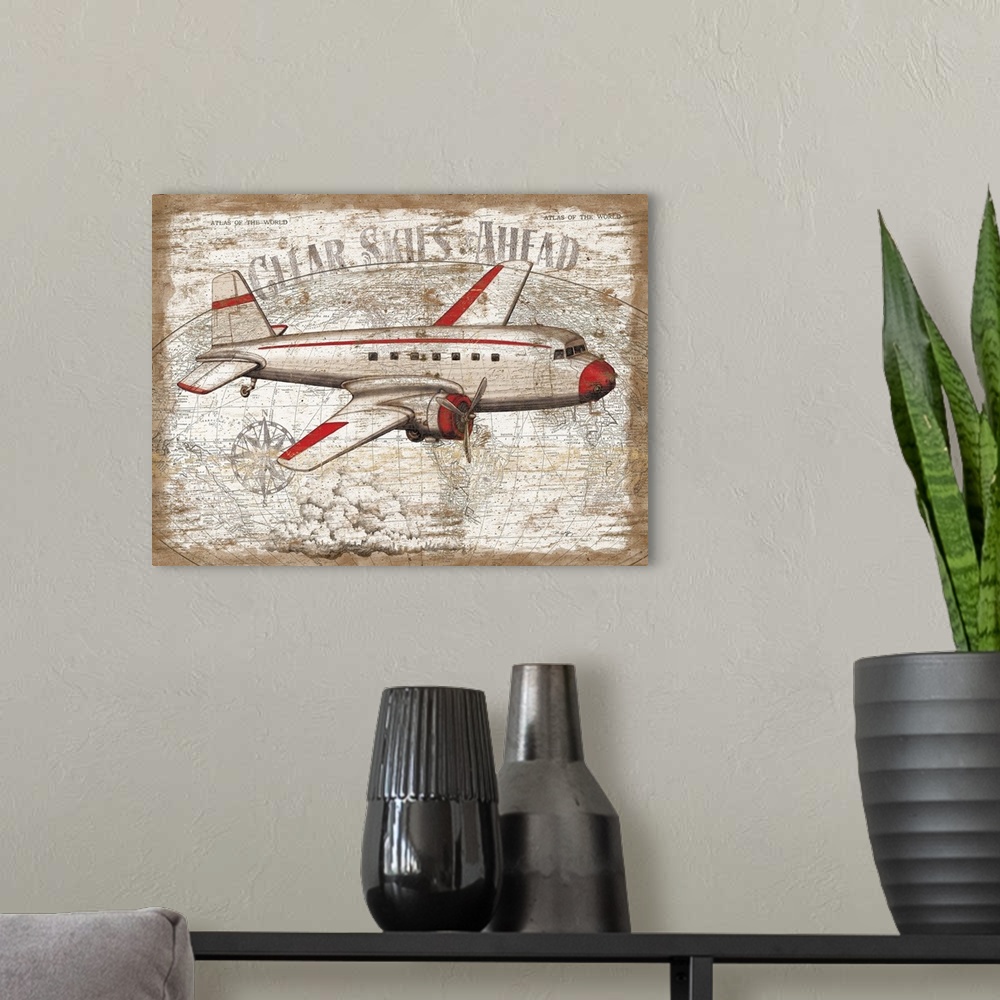 A modern room featuring Big wall docor of a retro airplane with the text "Clear Skies Ahead" above it on top of a grungy ...