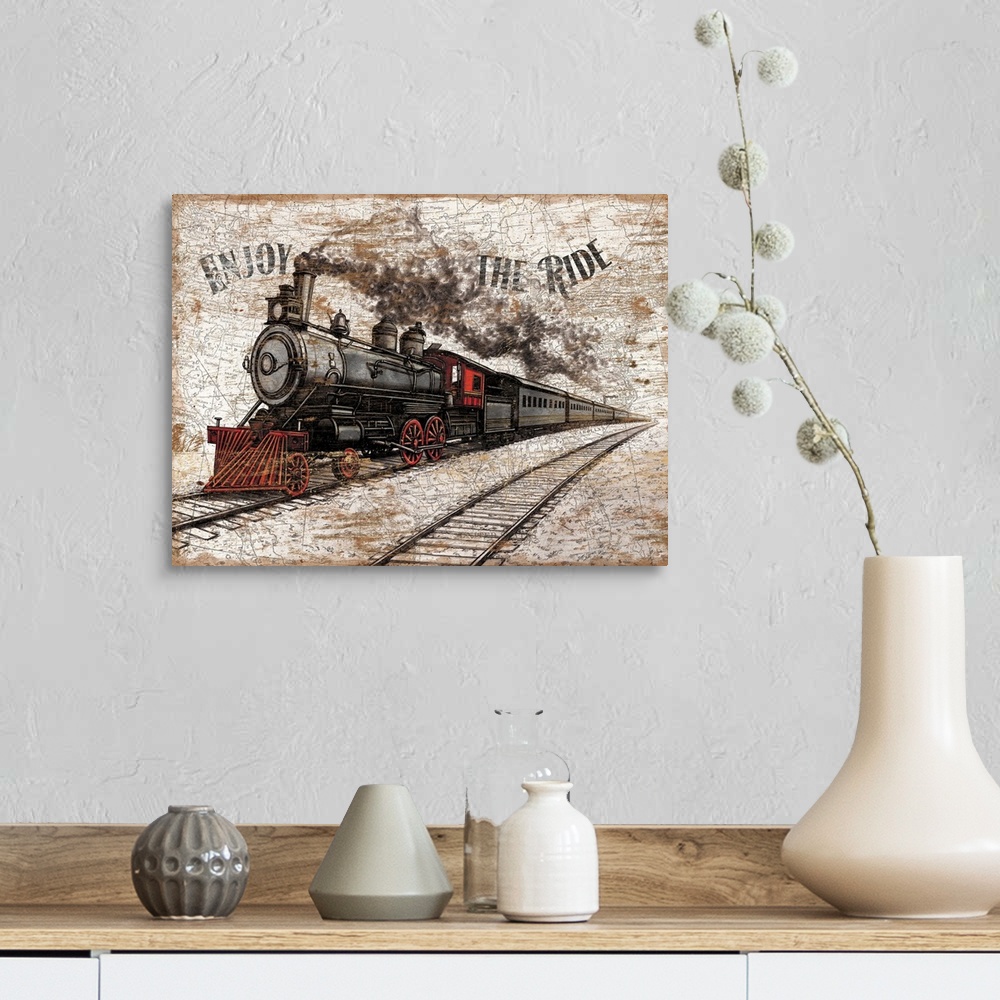 A farmhouse room featuring Horizontal, big canvas art of a steam train moving along the tracks, the text "Enjoy the ride" at...