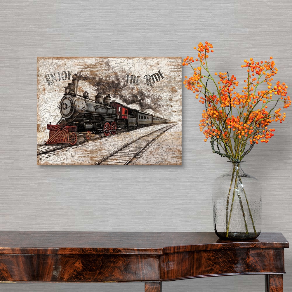 A traditional room featuring Horizontal, big canvas art of a steam train moving along the tracks, the text "Enjoy the ride" at...