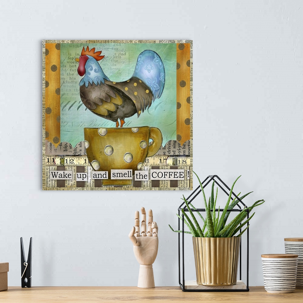 A bohemian room featuring Large landscape home art docor of a colorful rooster with patterns in its feathers, standing in a...
