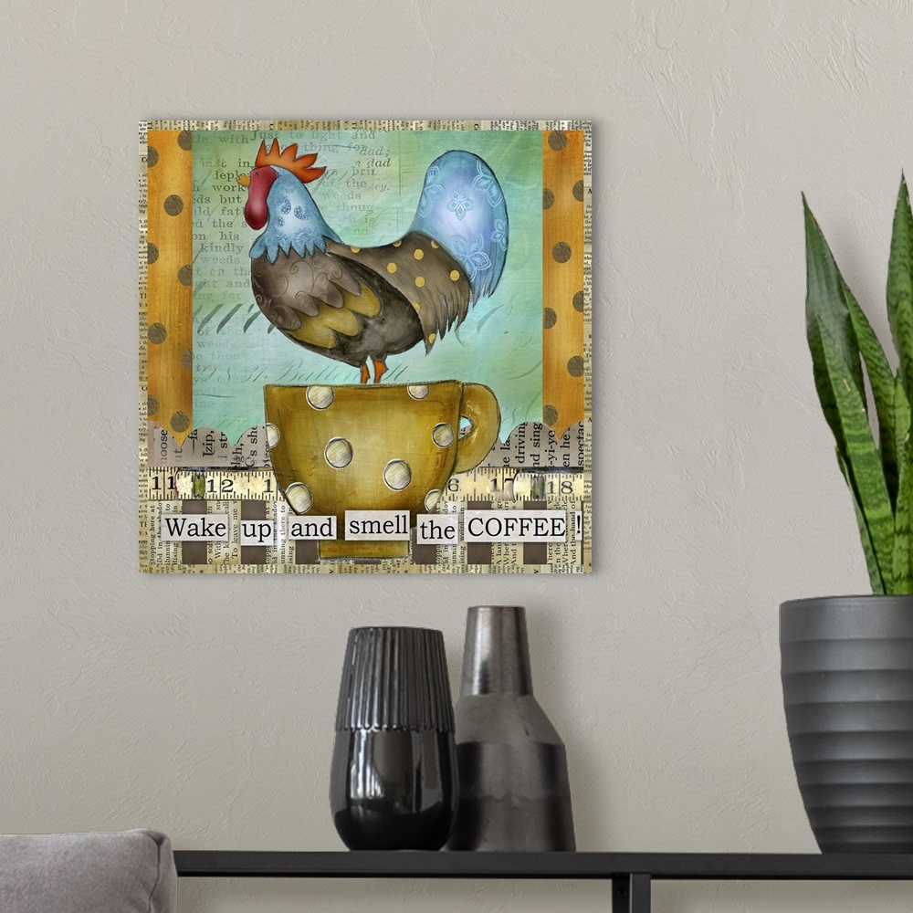 A modern room featuring Large landscape home art docor of a colorful rooster with patterns in its feathers, standing in a...