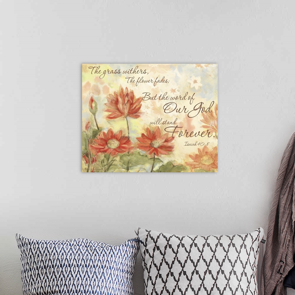 A bohemian room featuring Lovely floral art with inspirational message from scripture.