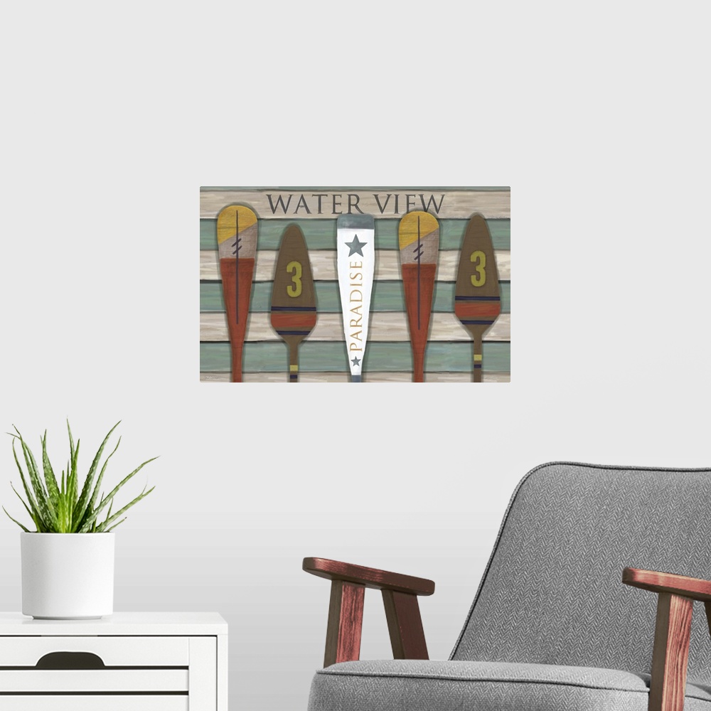 A modern room featuring Boat oars are a decorative array for the wall.