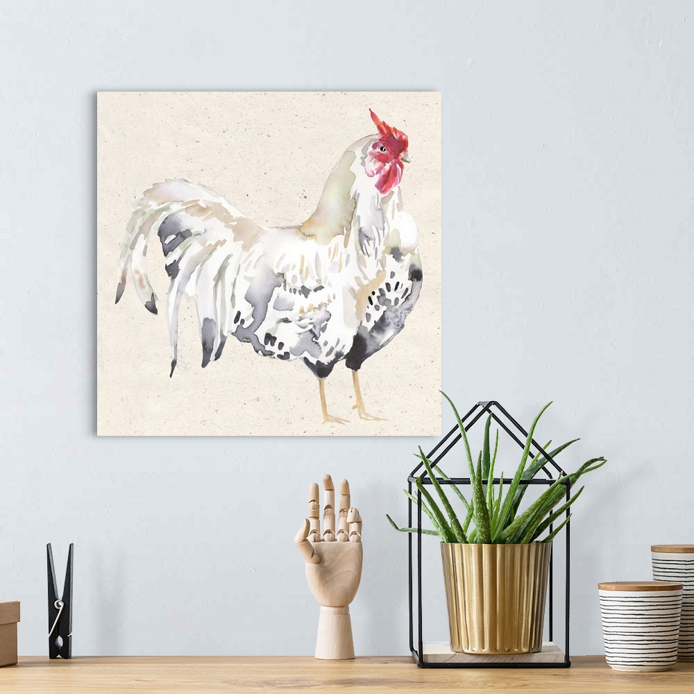 A bohemian room featuring The ever-popular rooster is rendered in a soft watercolor treatment with a neutral palette.