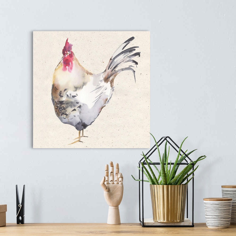 A bohemian room featuring The ever-popular rooster is rendered in a soft watercolor treatment with a neutral palette.