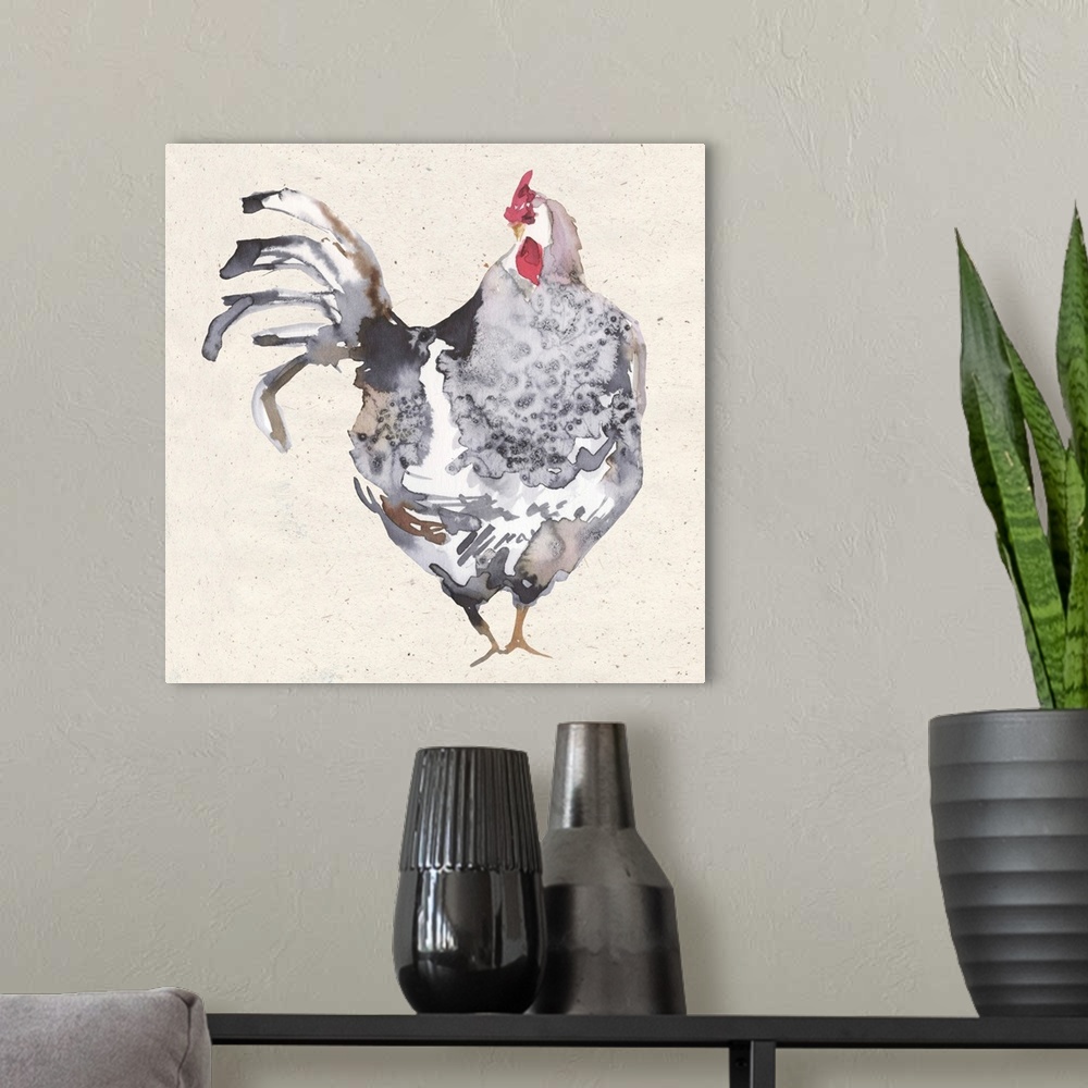 A modern room featuring The ever-popular rooster is rendered in a soft watercolor treatment with a neutral palette.