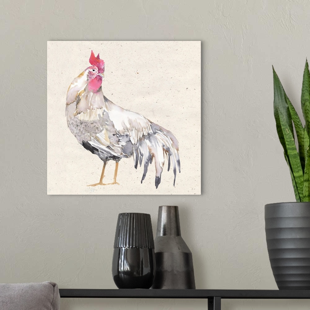 A modern room featuring The ever-popular rooster is rendered in a soft watercolor treatment with a neutral palette.