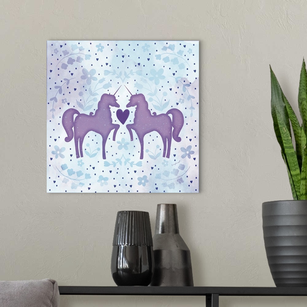 A modern room featuring Watercolor Unicorn I