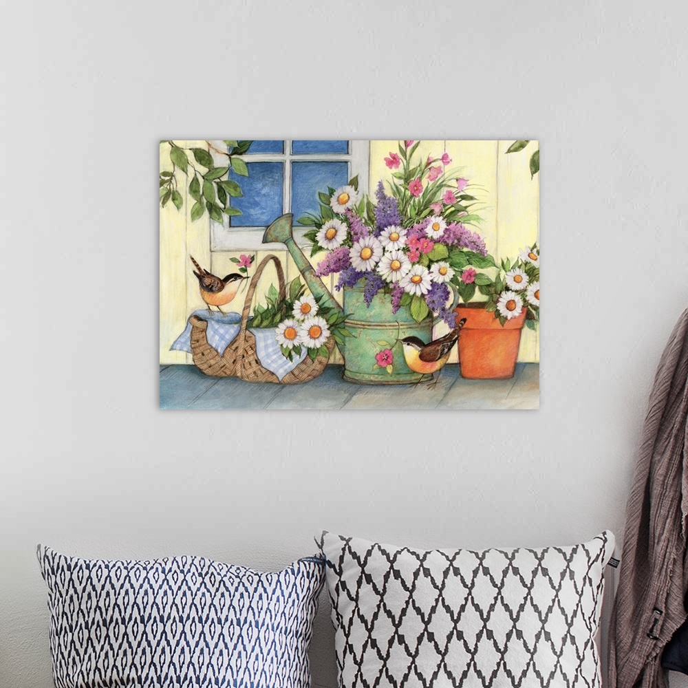 A bohemian room featuring A sweet country vignette of a watering can scene.