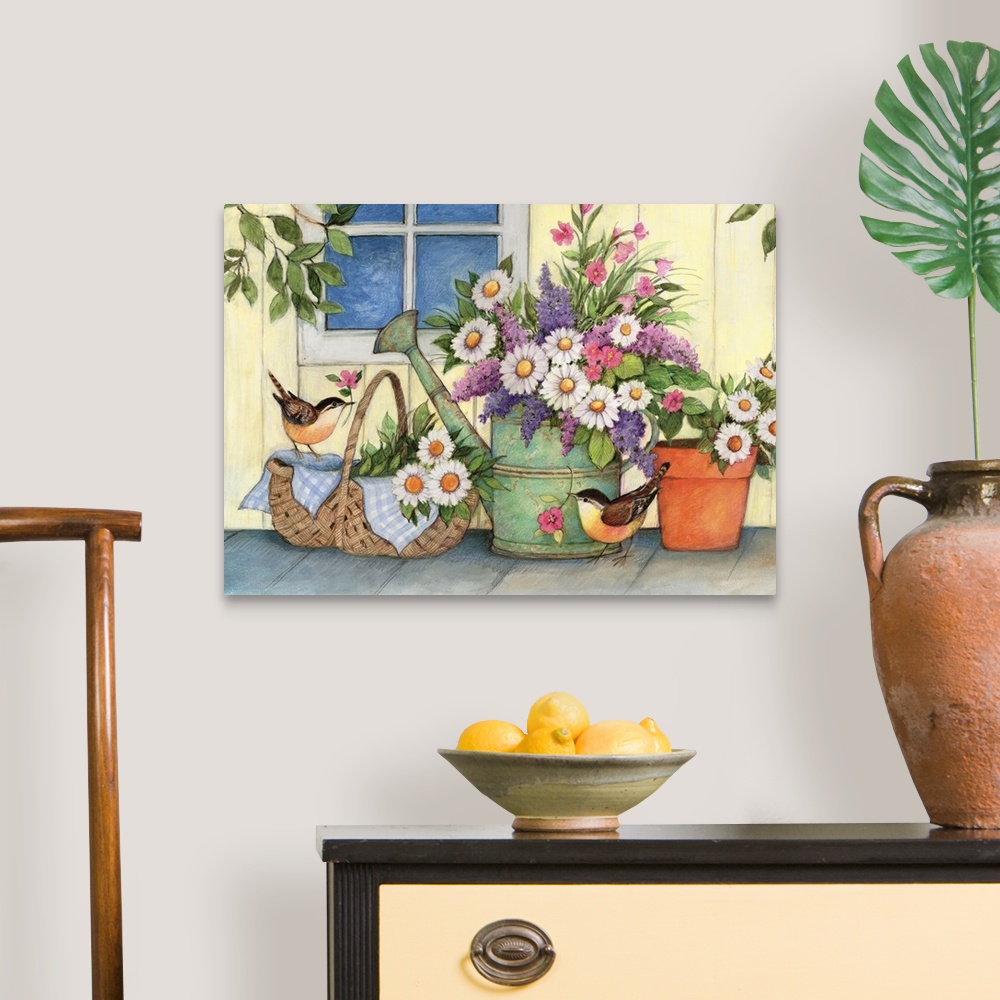 A traditional room featuring A sweet country vignette of a watering can scene.