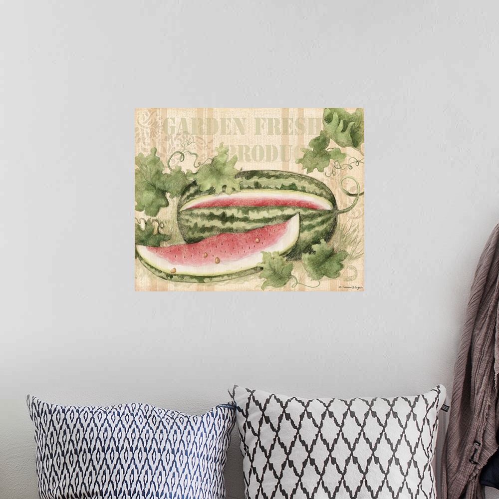 A bohemian room featuring Freshly colored fruit on burlap, perfect for kitchen decor
