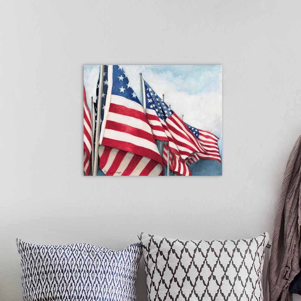 A bohemian room featuring Group of American flag gently flapping in the wind.