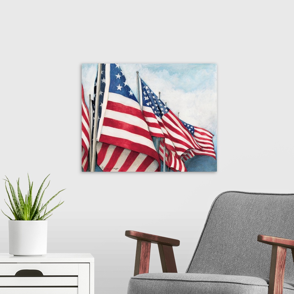 A modern room featuring Group of American flag gently flapping in the wind.