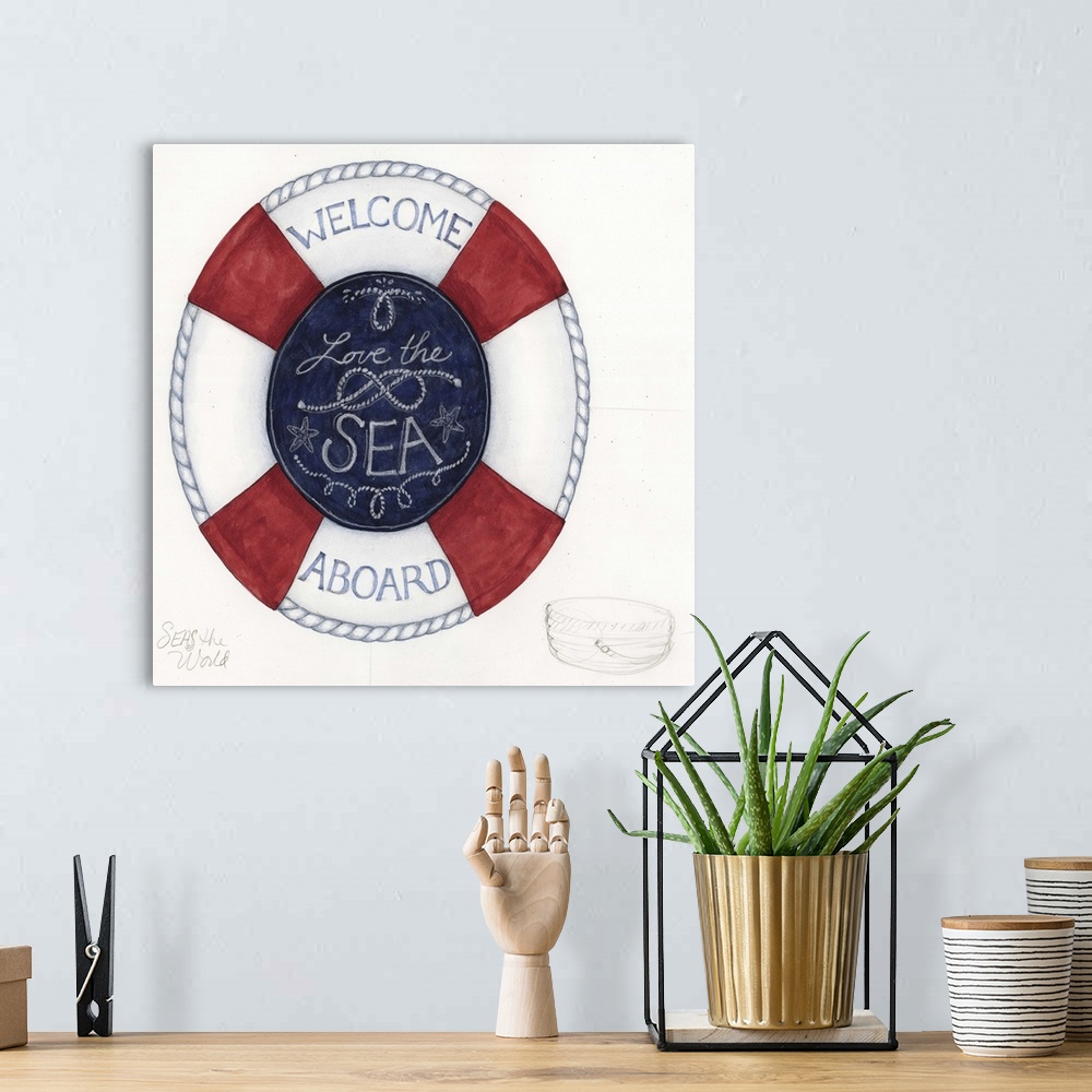 A bohemian room featuring Welcome family and friends aboard with this nautical motif.