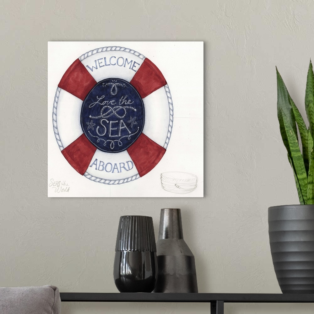 A modern room featuring Welcome family and friends aboard with this nautical motif.