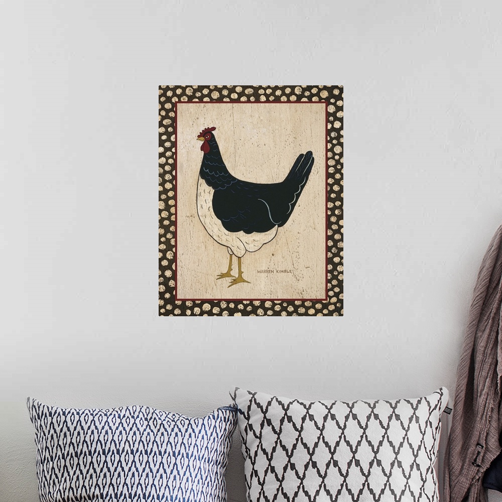 A bohemian room featuring Delightful folk art images of chickens by renowned folk artist, Warren Kimble